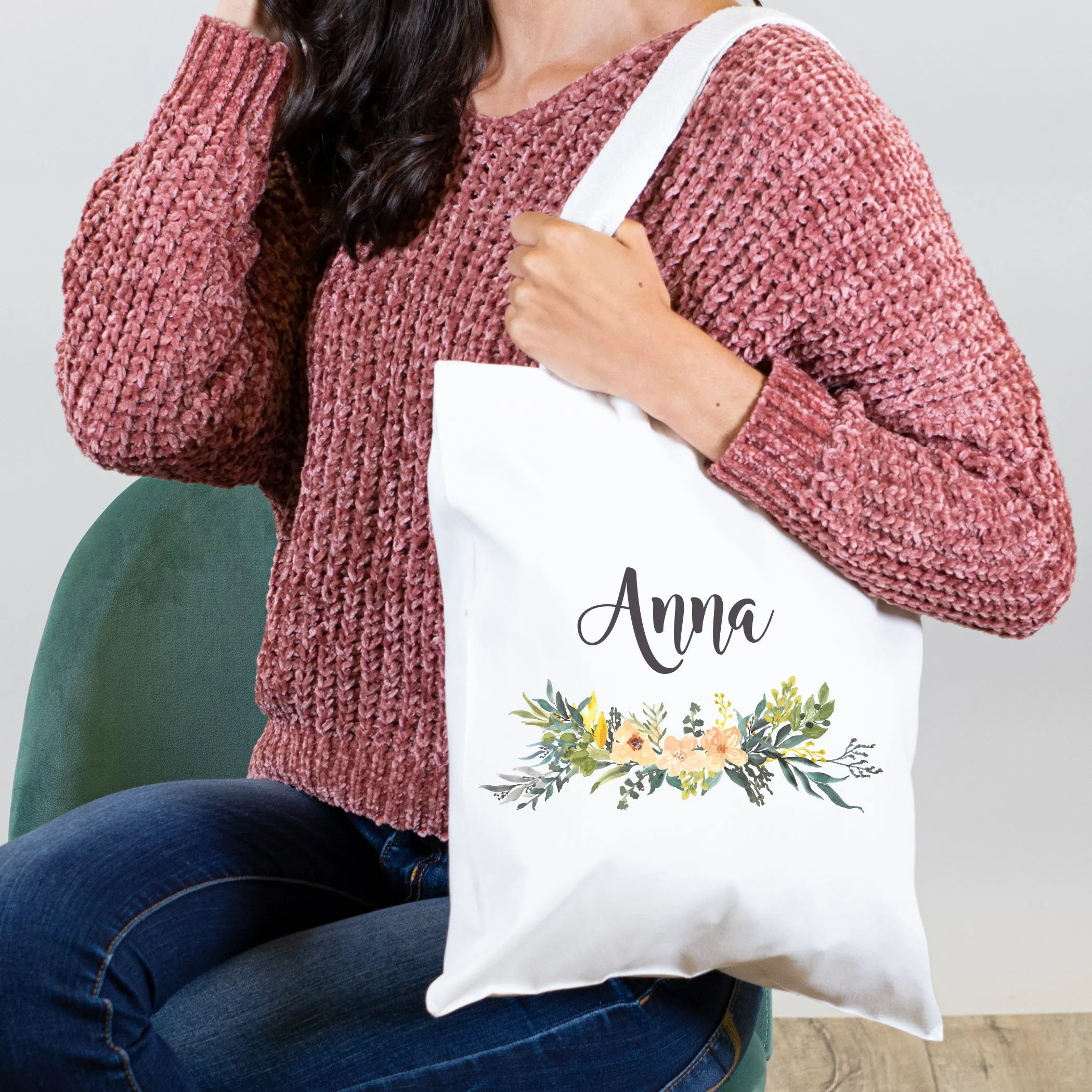 Floral Name Design, Personalized Tote Bag