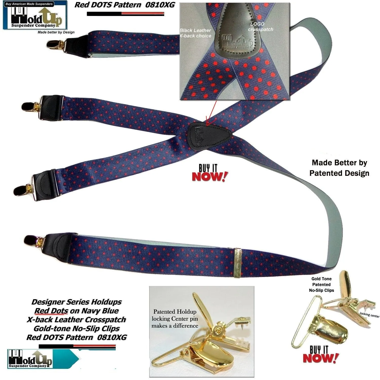 Holdup Brand Dark Blue with Red Dot Pattern X-back Suspenders USA Patented No-slip Clips