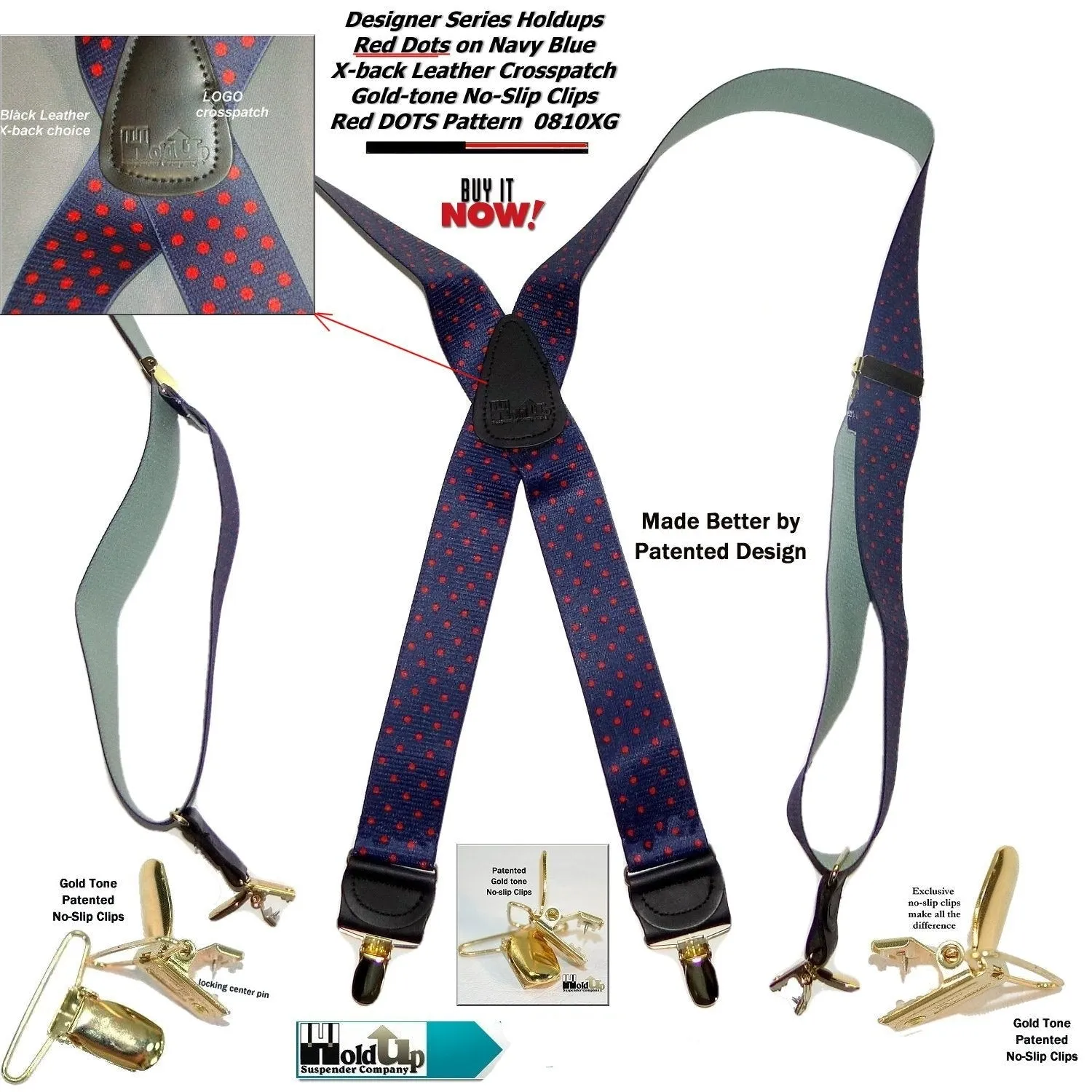 Holdup Brand Dark Blue with Red Dot Pattern X-back Suspenders USA Patented No-slip Clips