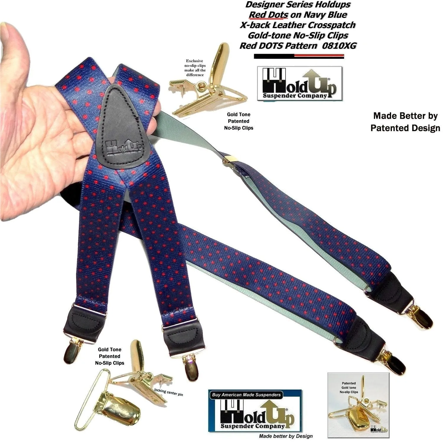 Holdup Brand Dark Blue with Red Dot Pattern X-back Suspenders USA Patented No-slip Clips