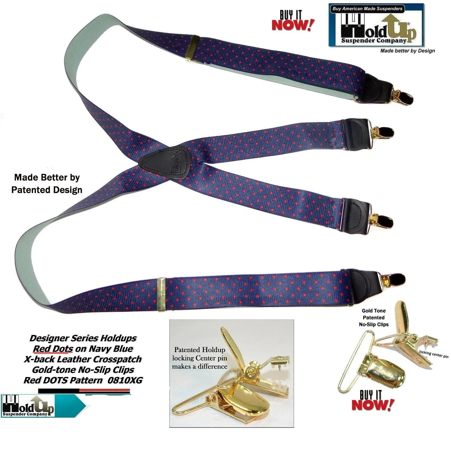 Holdup Brand Dark Blue with Red Dot Pattern X-back Suspenders USA Patented No-slip Clips