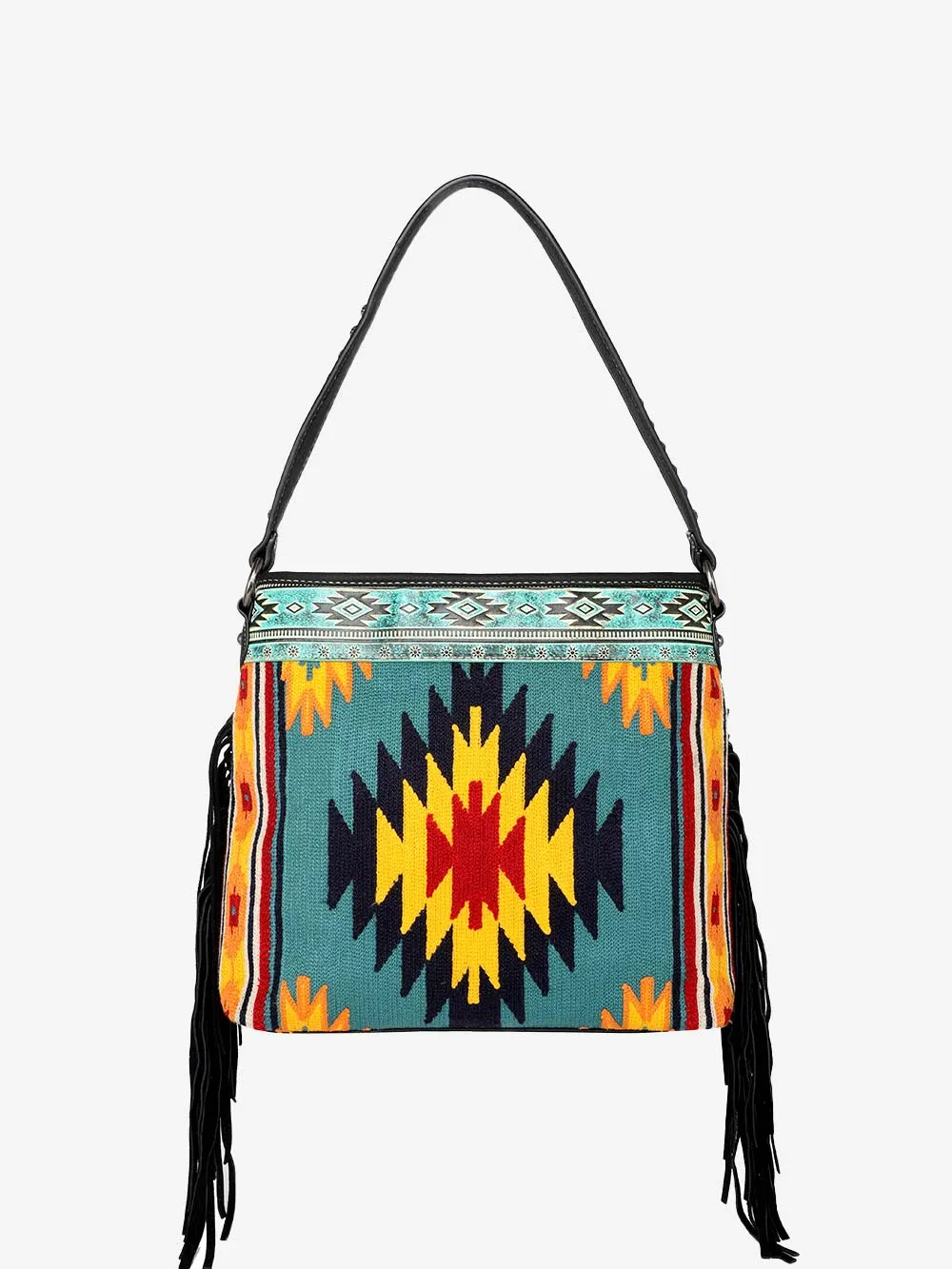 Montana West Aztec Tapestry Leather Fringe Carry Hobo