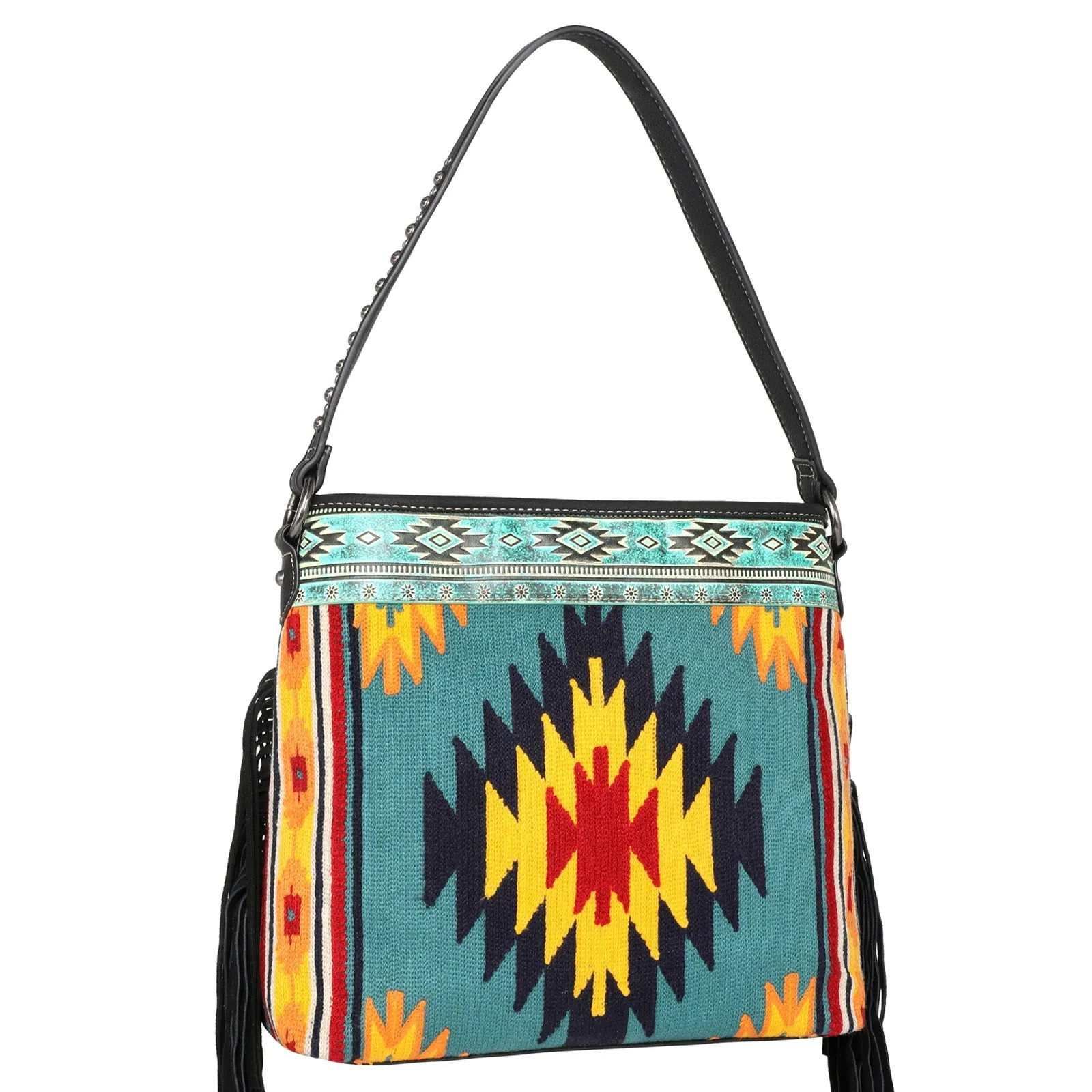 Montana West Aztec Tapestry Leather Fringe Carry Hobo