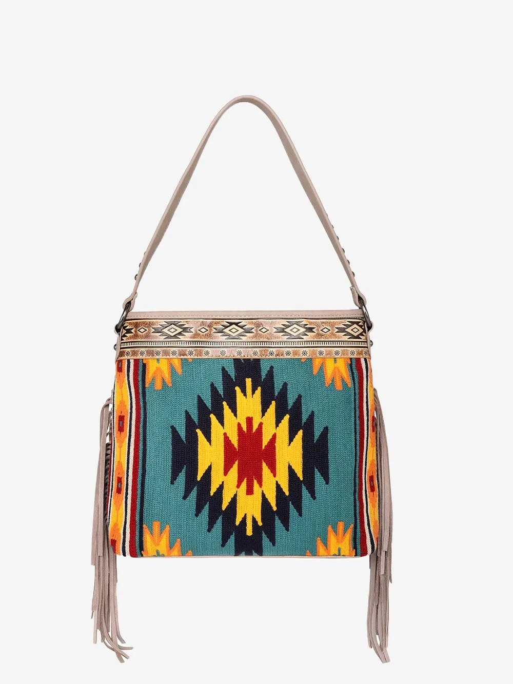 Montana West Aztec Tapestry Leather Fringe Carry Hobo