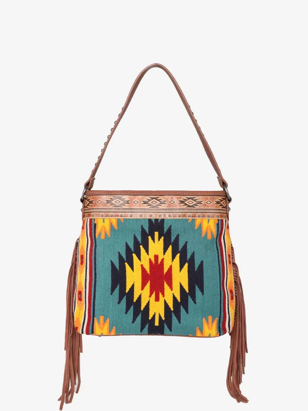 Montana West Aztec Tapestry Leather Fringe Carry Hobo