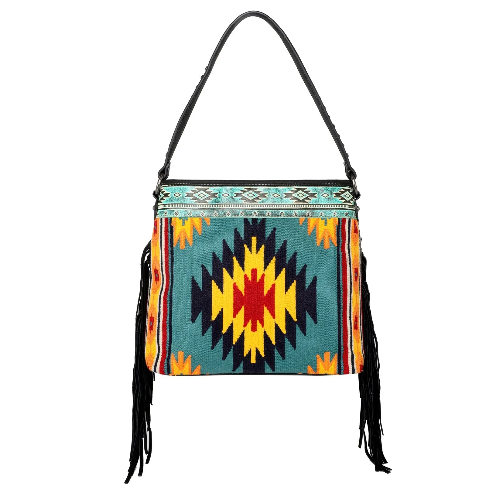 Montana West Aztec Tapestry Leather Fringe Carry Hobo