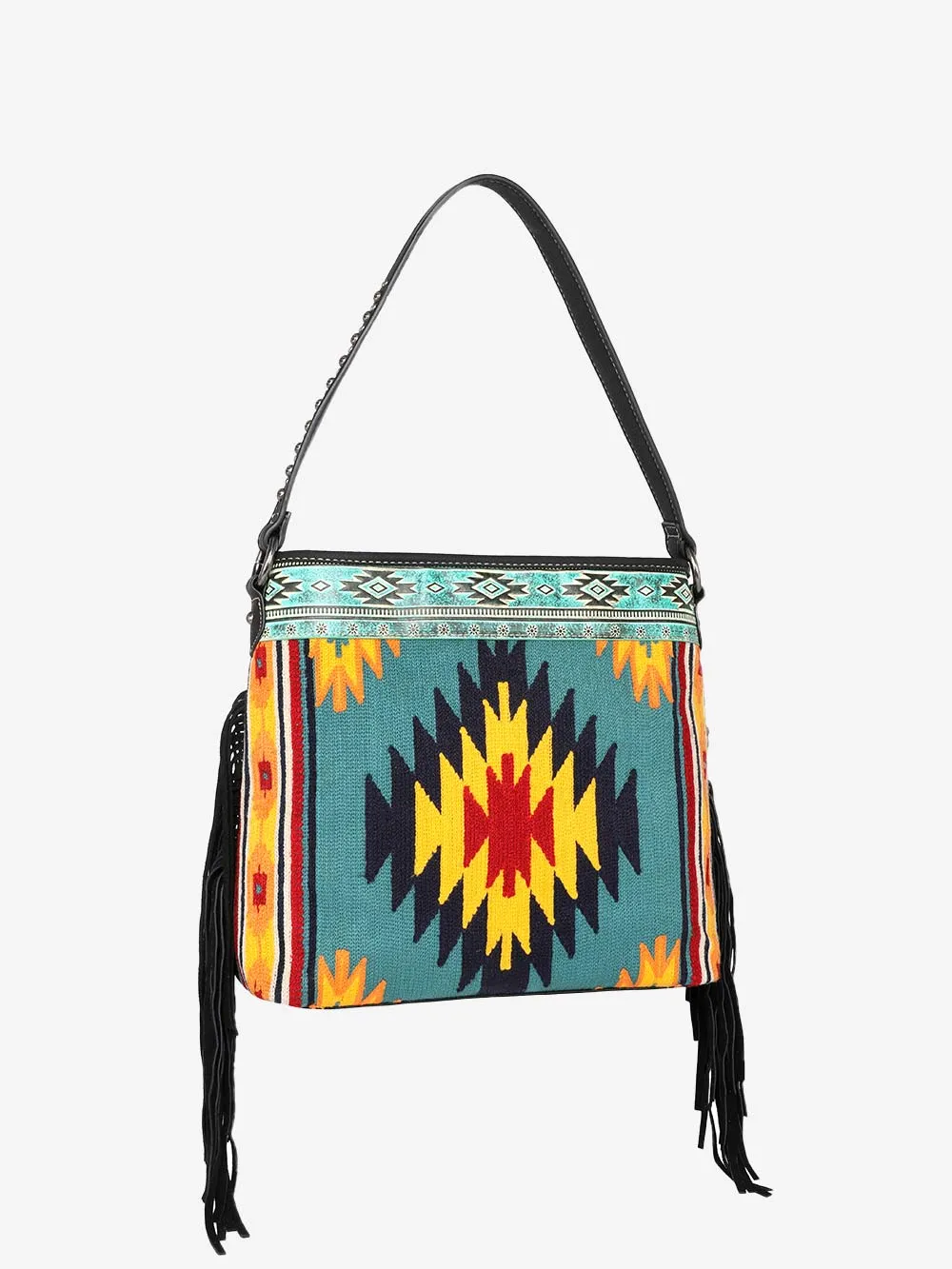 Montana West Aztec Tapestry Leather Fringe Carry Hobo