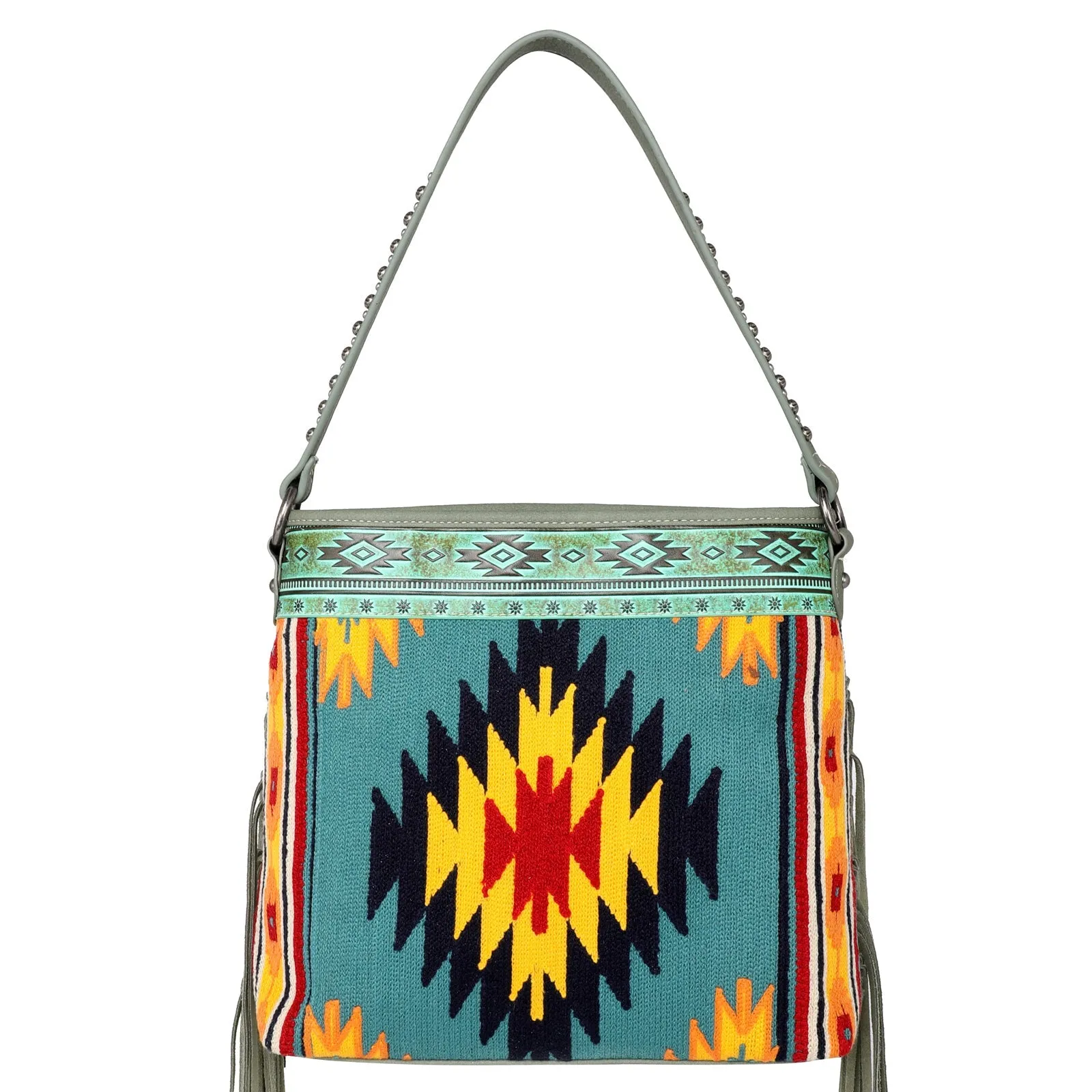 Montana West Aztec Tapestry Leather Fringe Carry Hobo