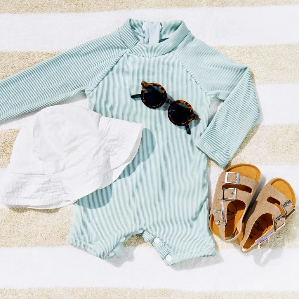 Ribbed Long-sleeve Rash Guard Swimsuit with Shorts · Mint Color