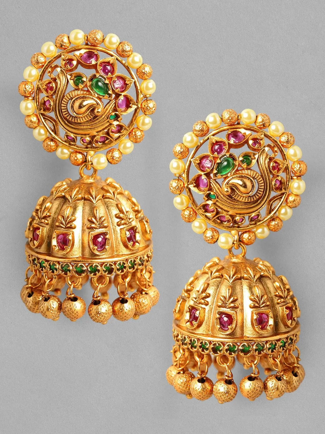 Rubans 22K Gold Plated Handcrafted Traditional Temple Jhumka Earrings