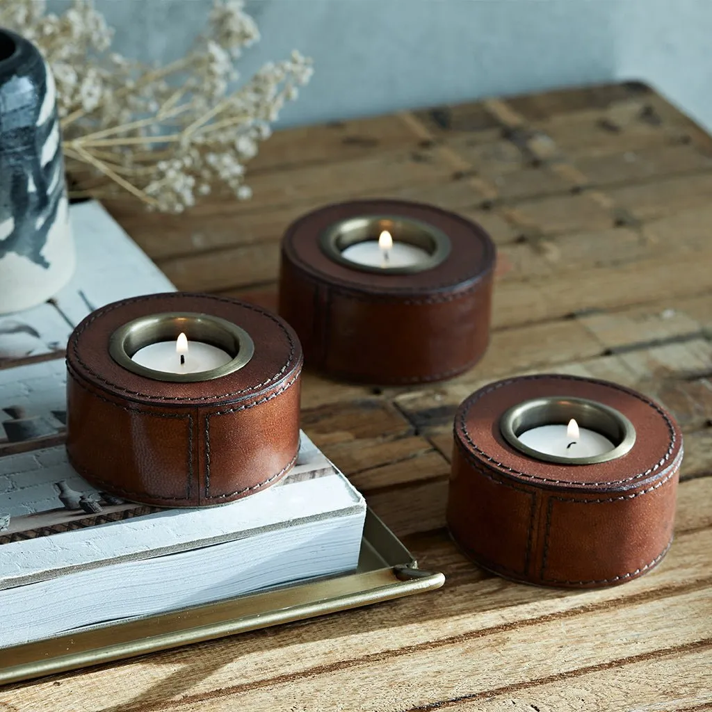 Set Of Three Leather Tealight Holders