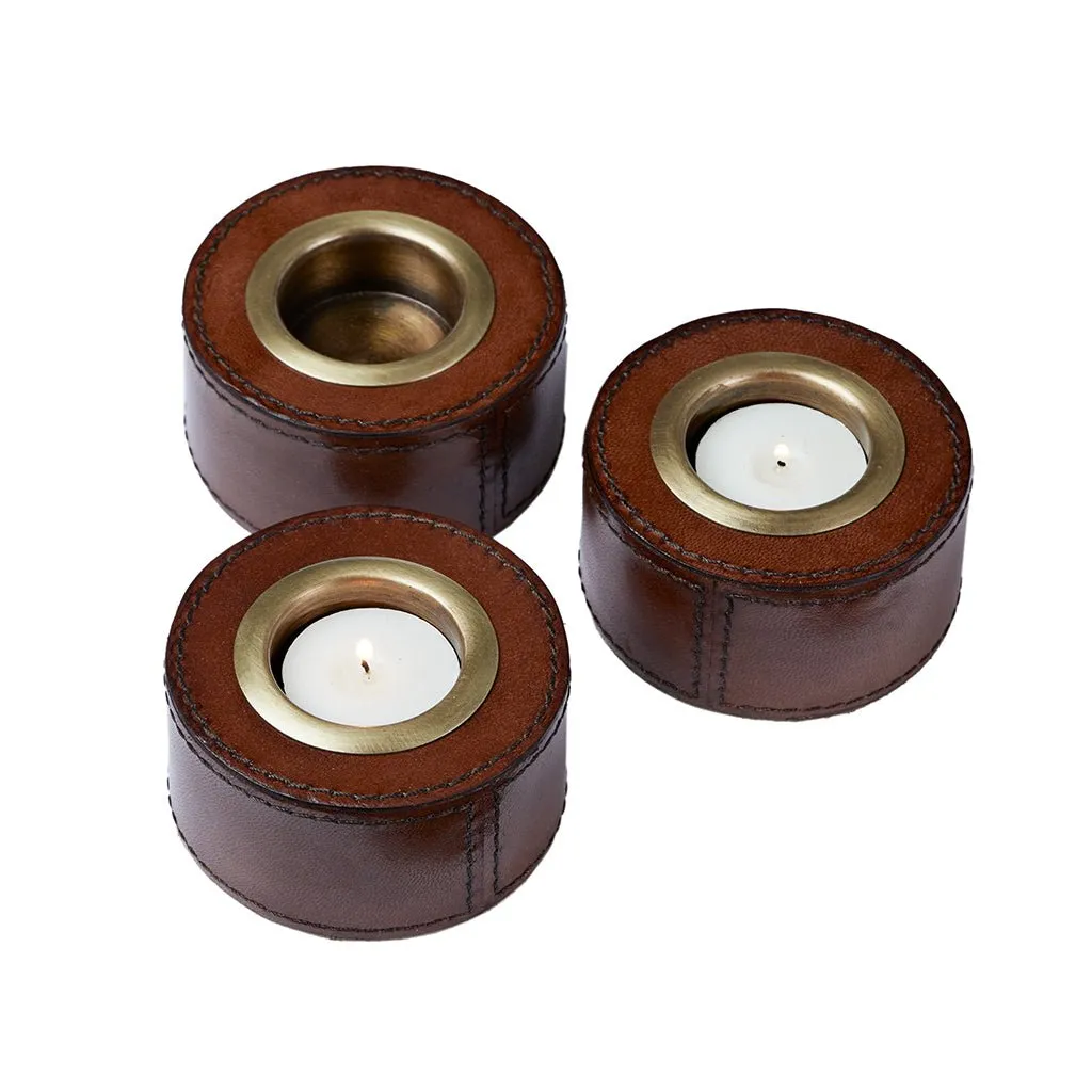 Set Of Three Leather Tealight Holders