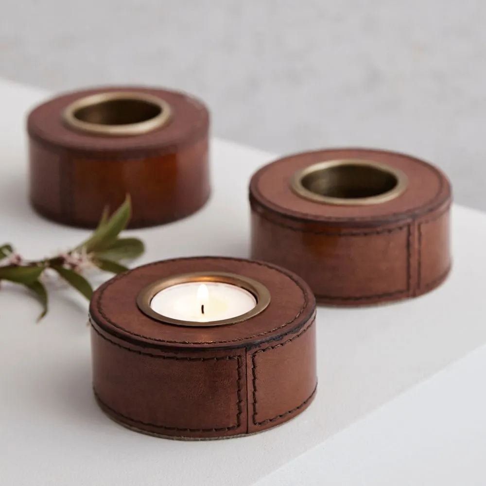 Set Of Three Leather Tealight Holders