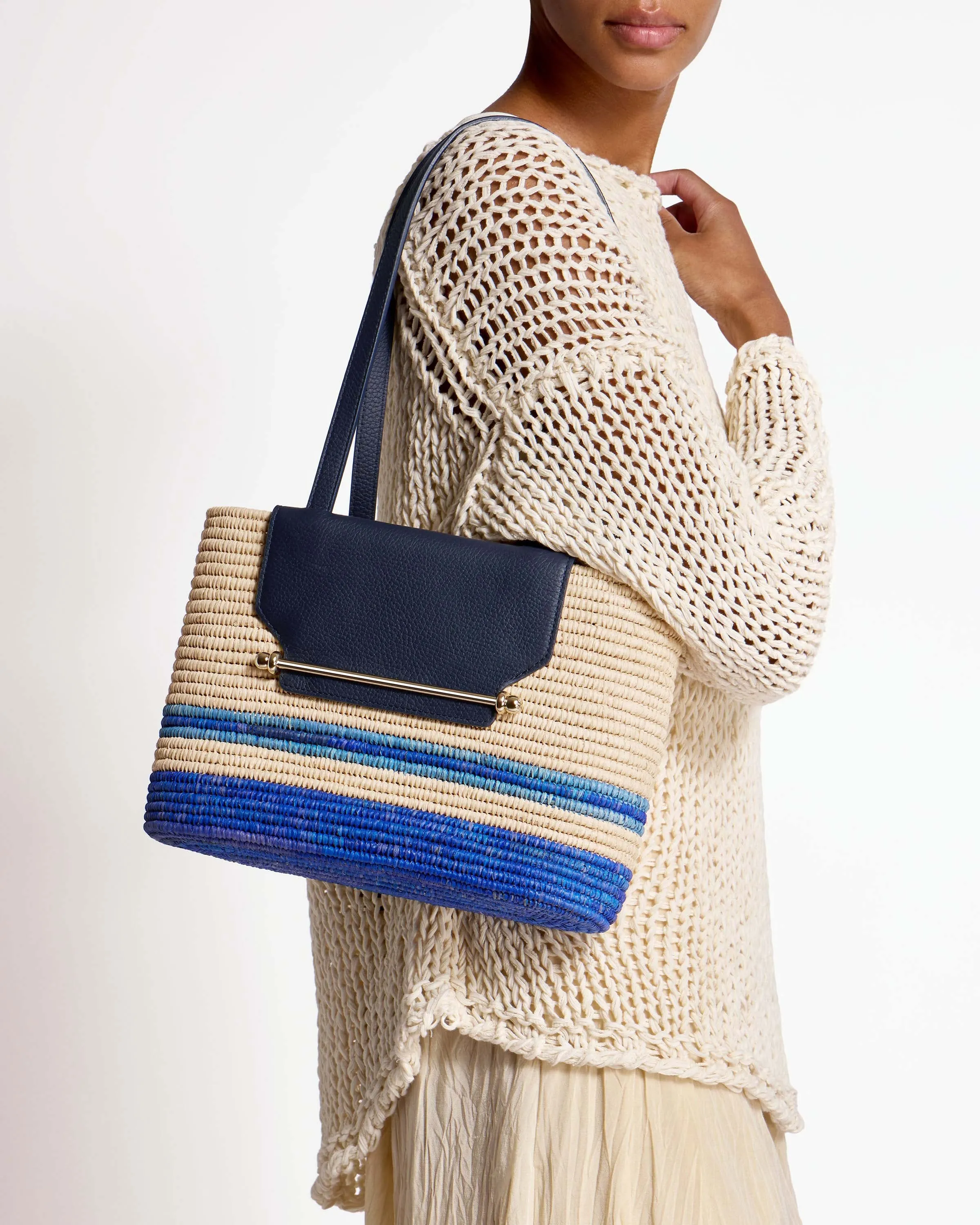 The Strathberry Basket (Small) - Raffia/Leather Vanilla/Blue Stripe