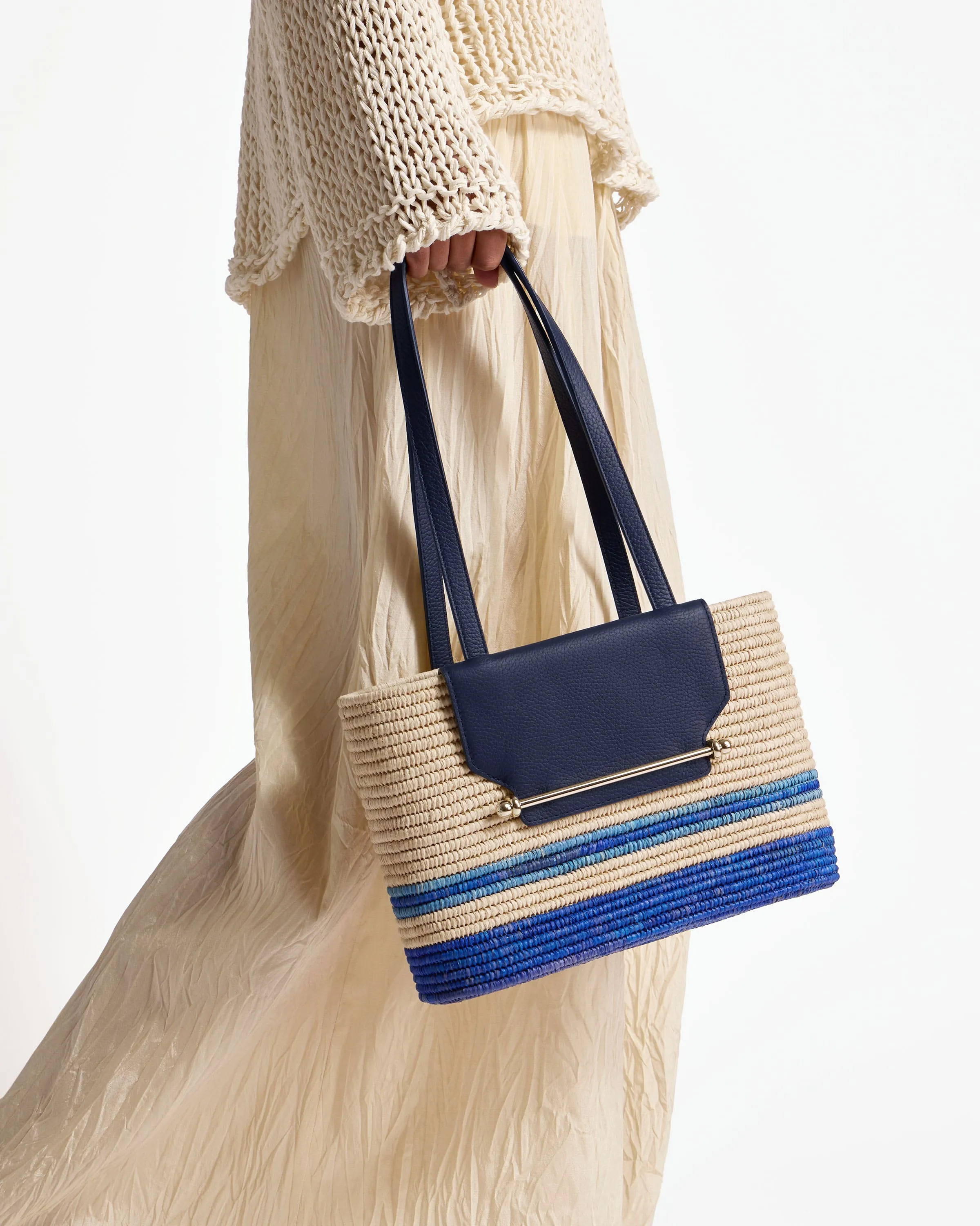 The Strathberry Basket (Small) - Raffia/Leather Vanilla/Blue Stripe