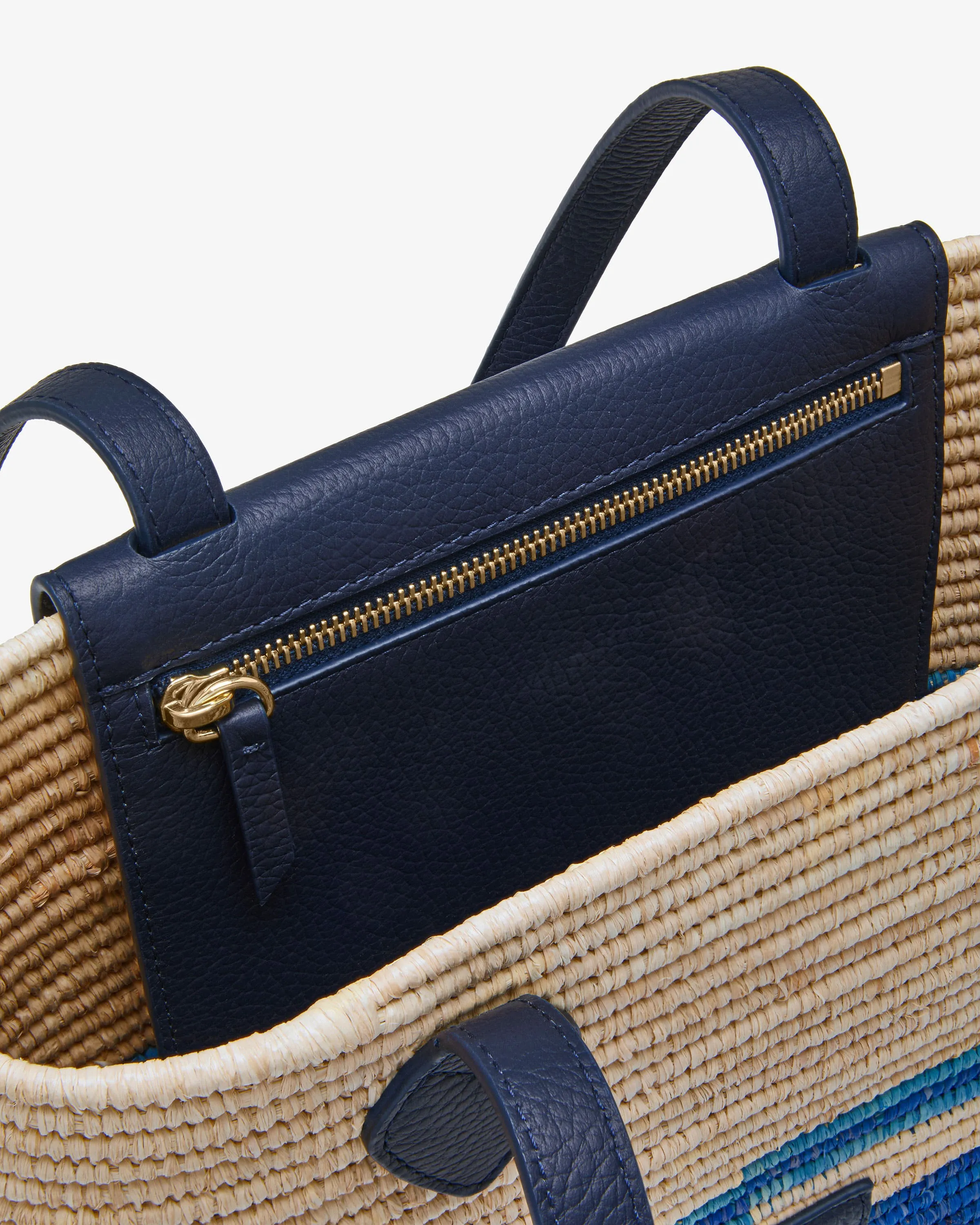 The Strathberry Basket (Small) - Raffia/Leather Vanilla/Blue Stripe