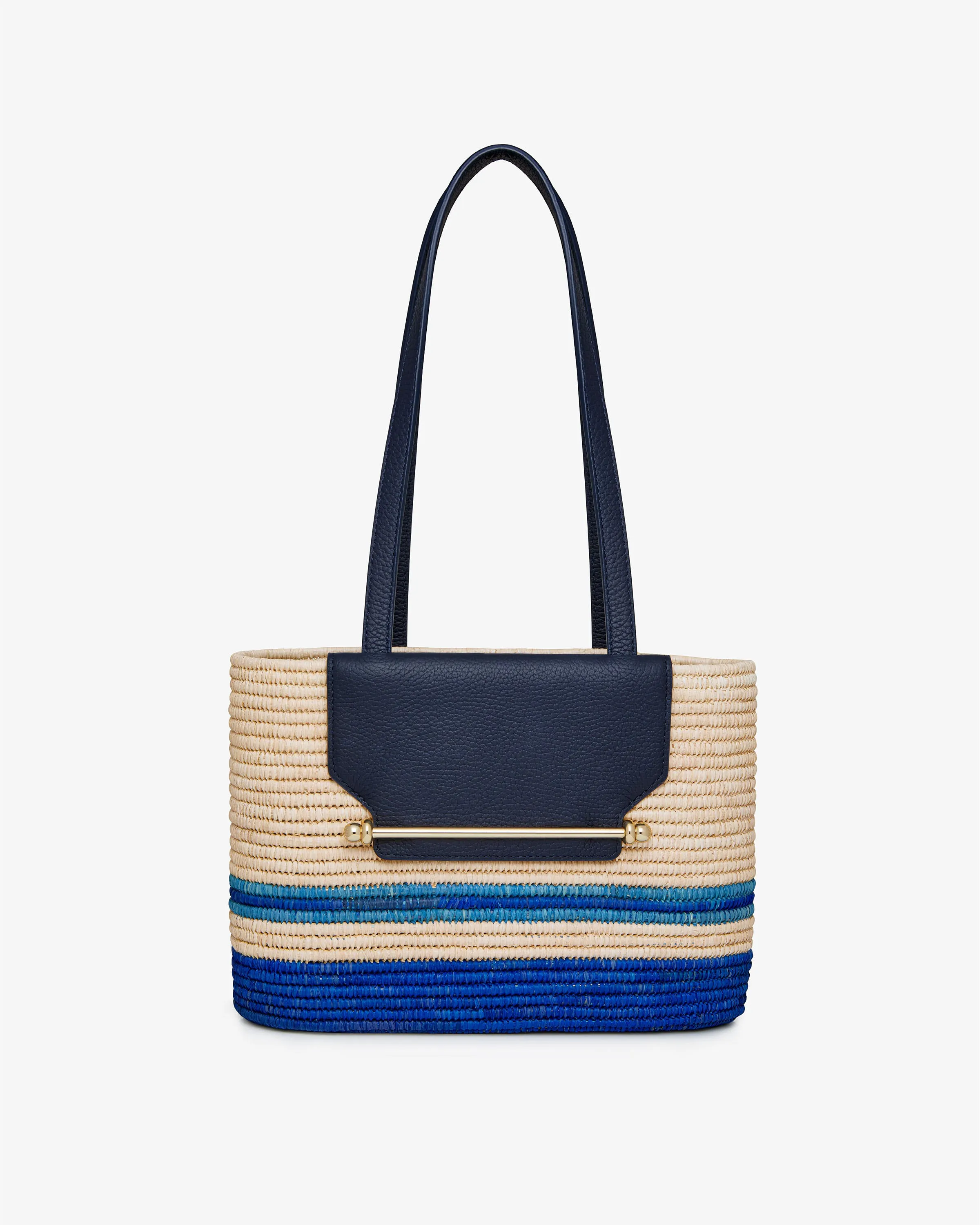 The Strathberry Basket (Small) - Raffia/Leather Vanilla/Blue Stripe