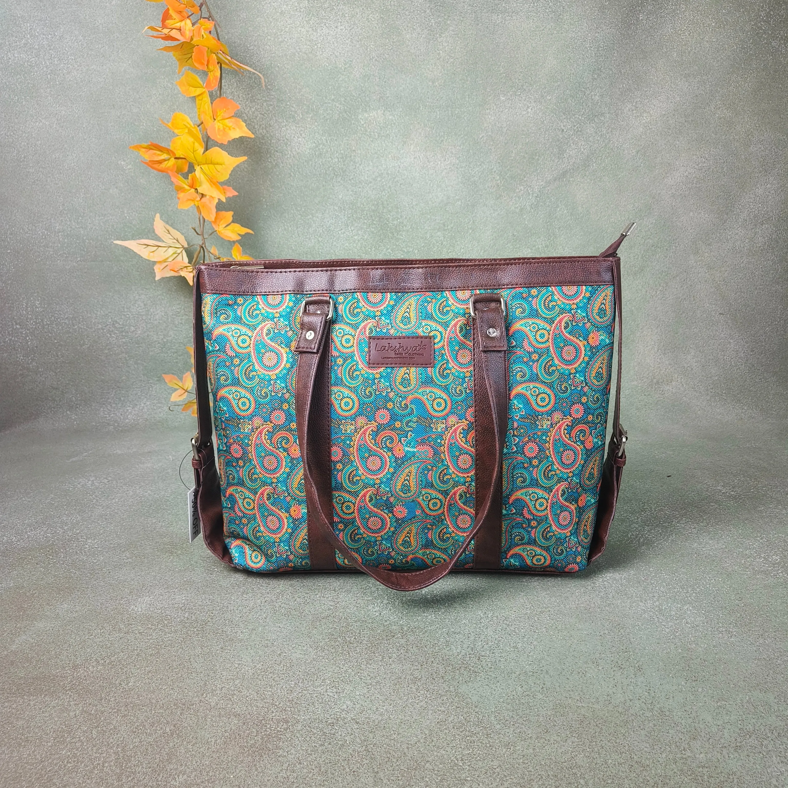 XL laptop Totes Greenish Blue with Botanical Prints Design