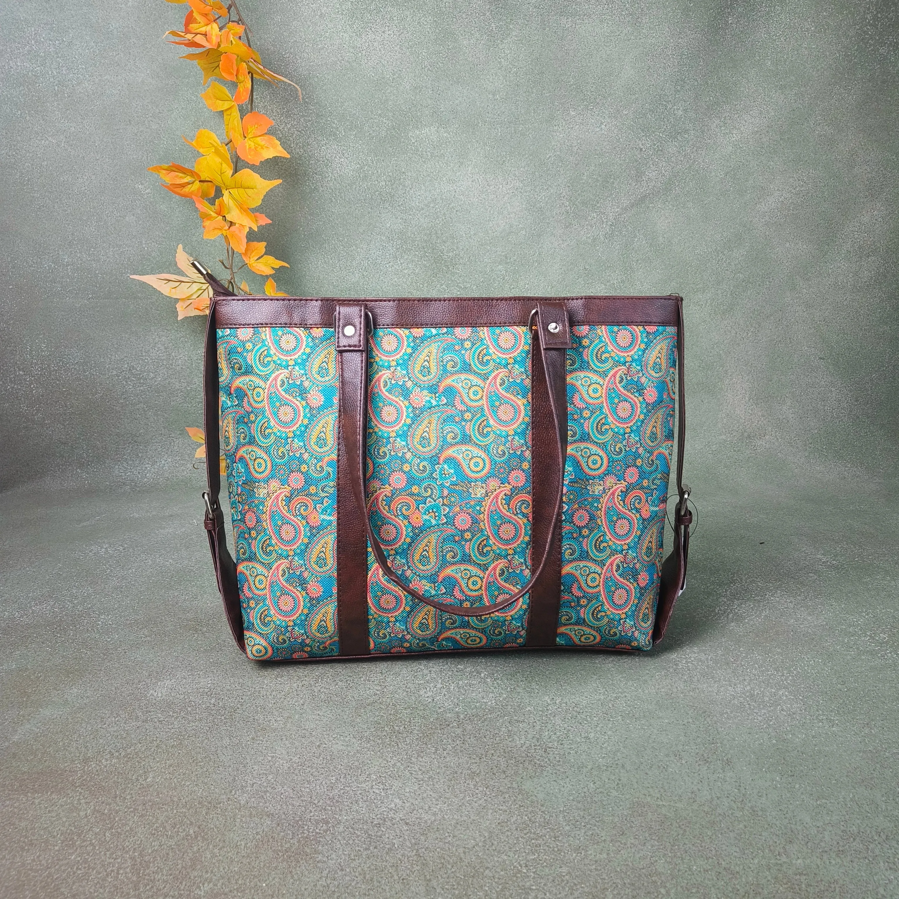 XL laptop Totes Greenish Blue with Botanical Prints Design